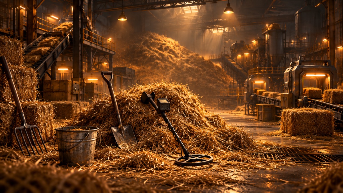 Shovels, bucket and metal detector in the hay warehouse